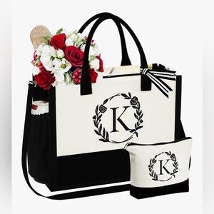 Monogrammed Black and White Tote Bag with Pouch